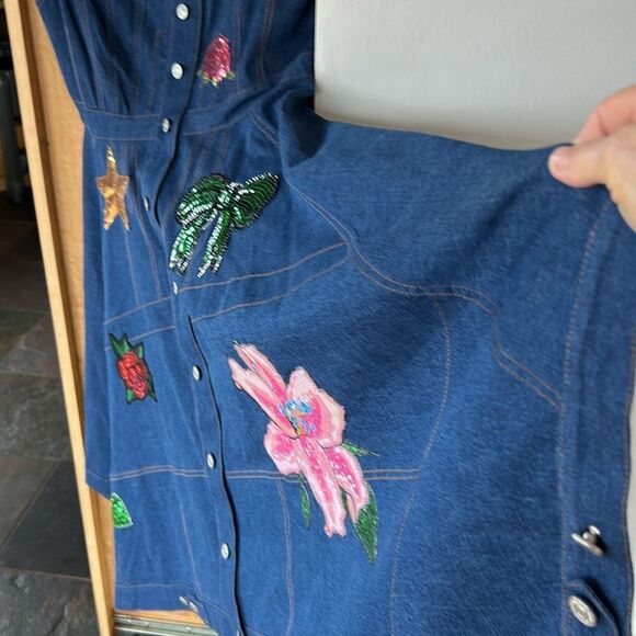 Ashro sleeveless Dress denim look faux patch pockets buttondown sequin stretch 8 - Picture 13 of 17